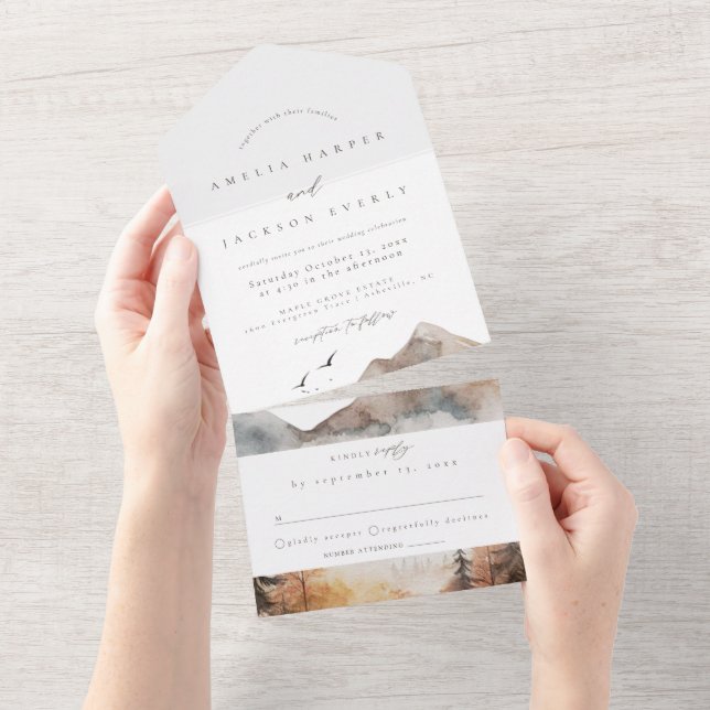 Watercolor Mountain Wedding All In One Invitation (Tearaway)
