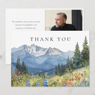 Watercolor Mountain Wildflower Funeral Photo Thank You Card