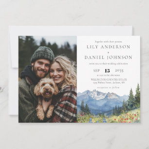 Watercolor Mountain Wildflower Photo Wedding Invitation