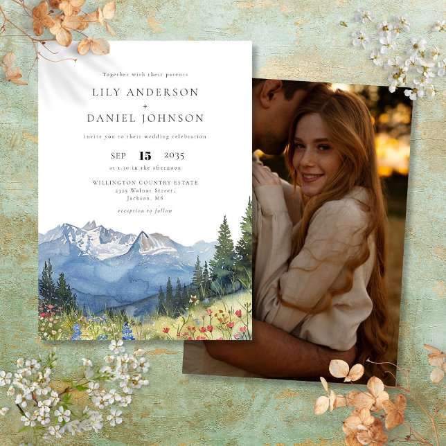 Watercolor Mountain Wildflower Photo Wedding Invitation (Watercolor Mountain Wildflower Photo Wedding Invitation)