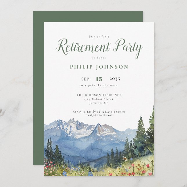 Watercolor Mountain Wildflowers Retirement Party Invitation (Front/Back)