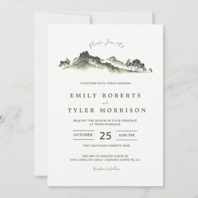 Watercolor Mountain Woodland Forest Wedding Invite (Front)