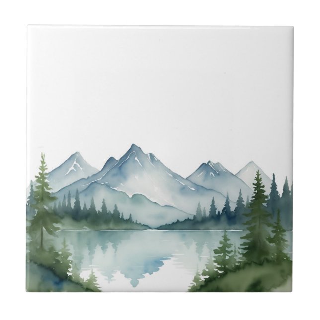 Watercolor Mountains and Green Pine Trees Nature Ceramic Tile (Front)