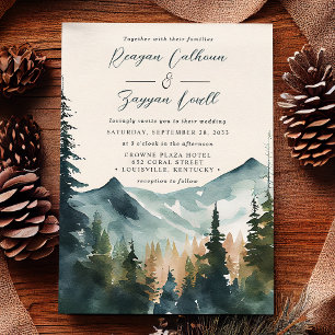 Watercolor Mountains And Pines Calligraphy Wedding Invitation