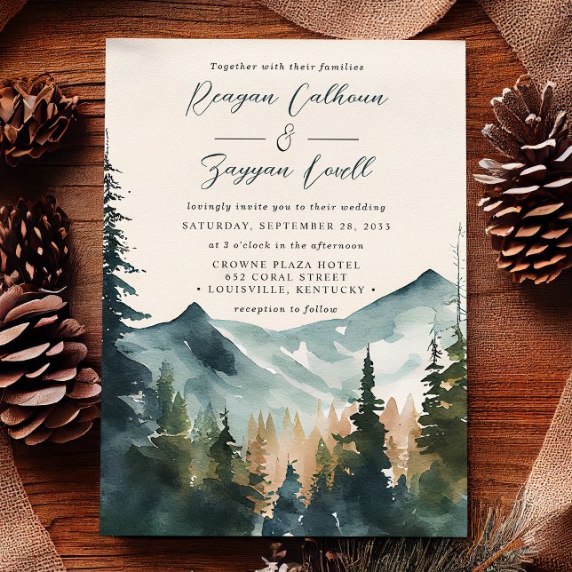 Watercolor Mountains And Pines Calligraphy Wedding Invitation (Creator Uploaded)