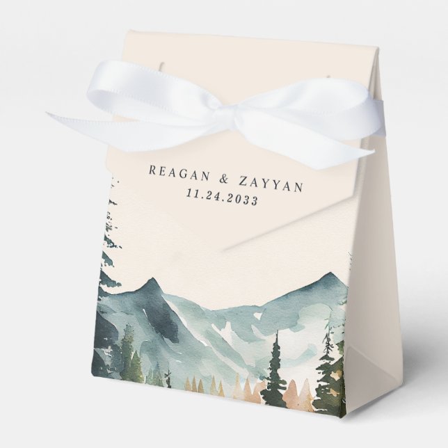 Watercolor Mountains And Pines  Wedding Favour Box (Front Side)