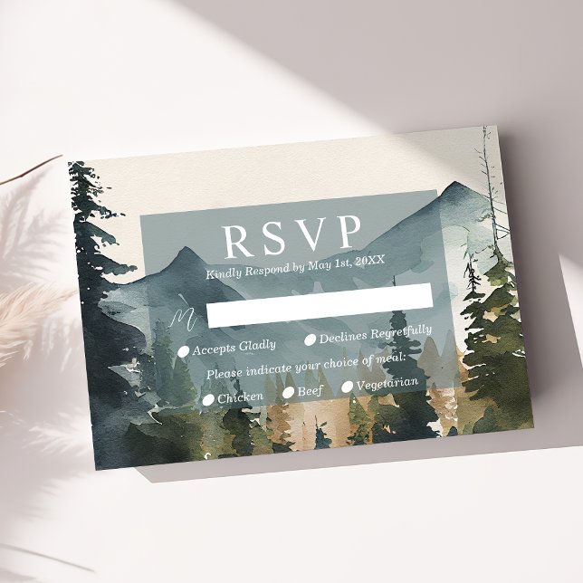 Watercolor Mountains And Pines Wedding RSVP Card (Creator Uploaded)