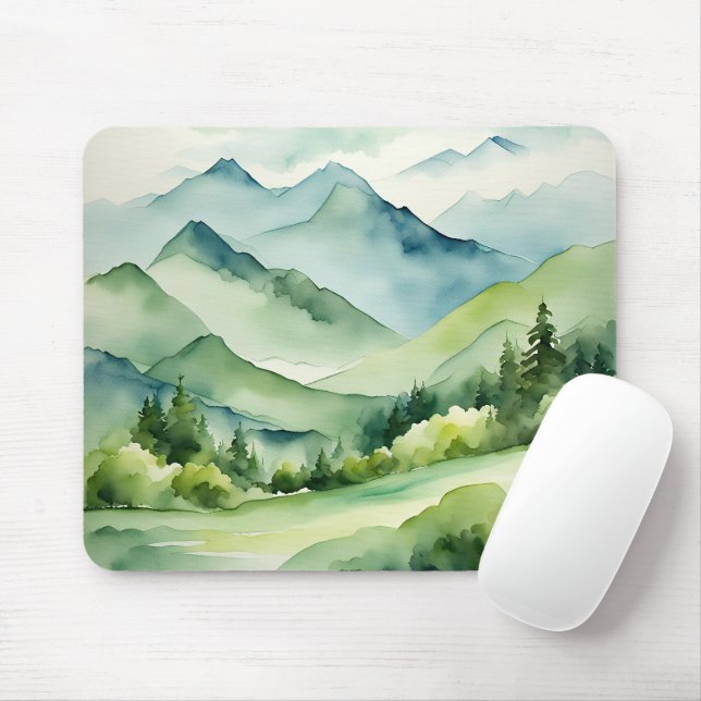 Watercolor Mountains and Trees Mouse Pad (With Mouse)