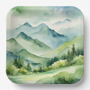 Watercolor Mountains and Trees Paper Plate