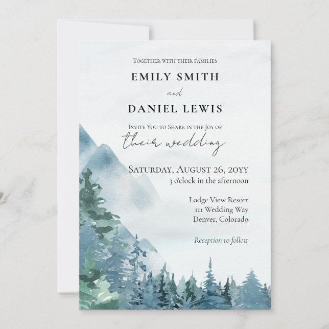 Watercolor Mountains Dusty Blue Rustic Wedding Invitation (Front)