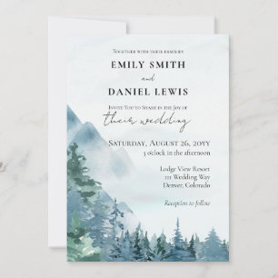Watercolor Mountains Dusty Blue Rustic Wedding Invitation