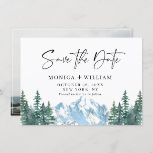 Watercolor Mountains Forest Wedding Photo  Save The Date