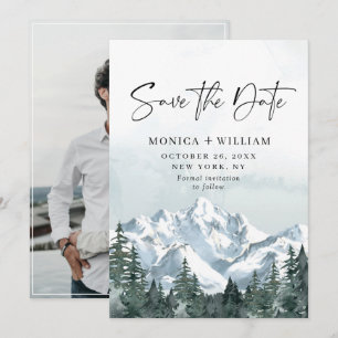 Watercolor Mountains Forest Wedding Photo Save The Date