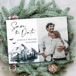 Watercolor Mountains Forest Wedding Save the Date  Announcement Postcard