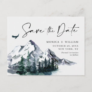 Watercolor Mountains Forest Wedding Save the Date Postcard