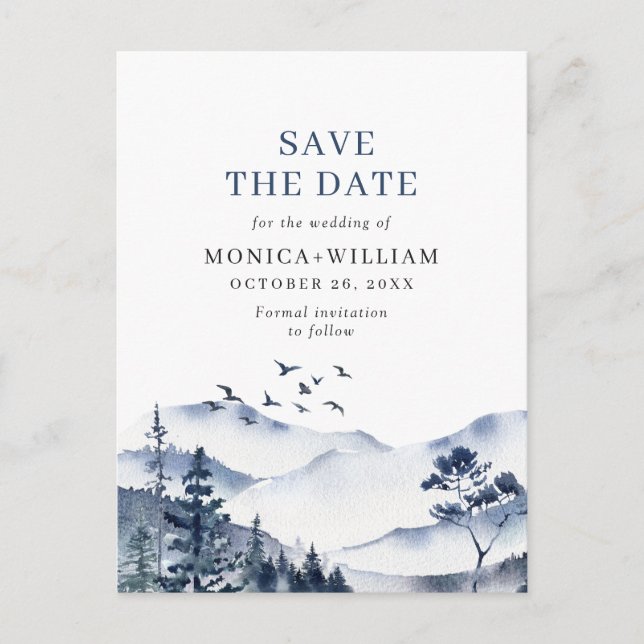 Watercolor Mountains Forest Wedding Save the Date Postcard (Front)