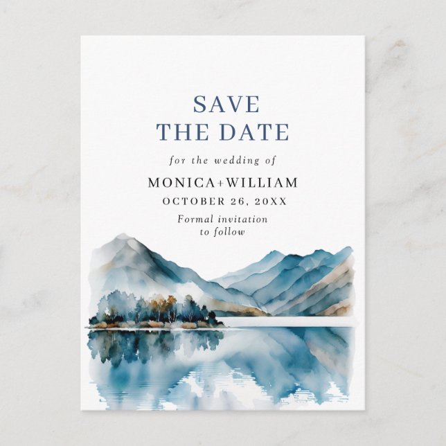 Watercolor Mountains Forest Wedding Save the Date Postcard (Front)