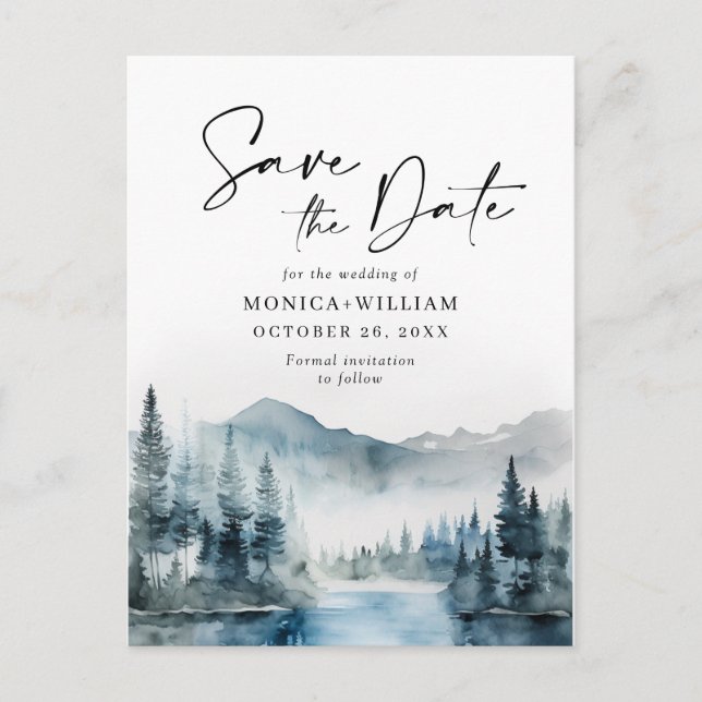 Watercolor Mountains Forest Wedding Save the Date Postcard (Front)