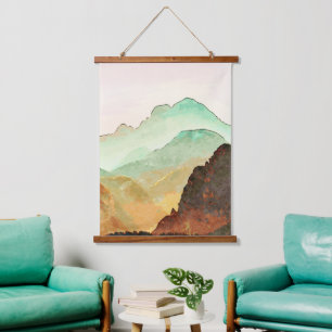 Watercolor Mountains Landscape in Teal and Brown Hanging Tapestry