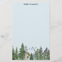Watercolor Mountains Nature Fir Trees Forest Cabin