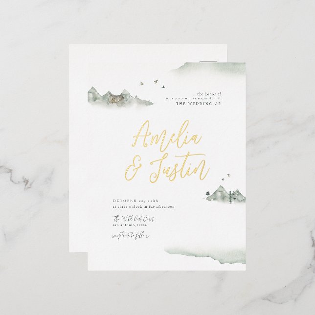 Watercolor Mountains Outdoor Destination Wedding Foil Invitation Postcard (Front/Back)