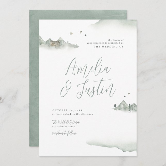 Watercolor Mountains Outdoor Destination Wedding Invitation (Front/Back)