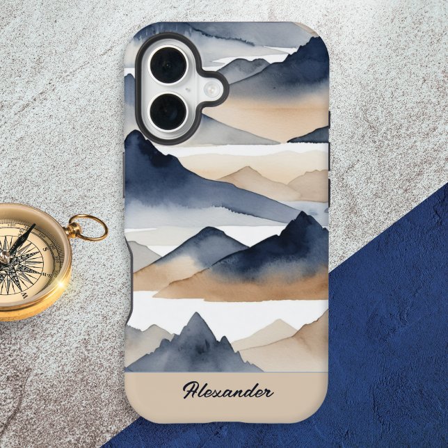 Watercolor Mountains Personalized Name iPhone 16 Case (A phone case with mountains design in a watercolor style, personalized with a name in a script font)