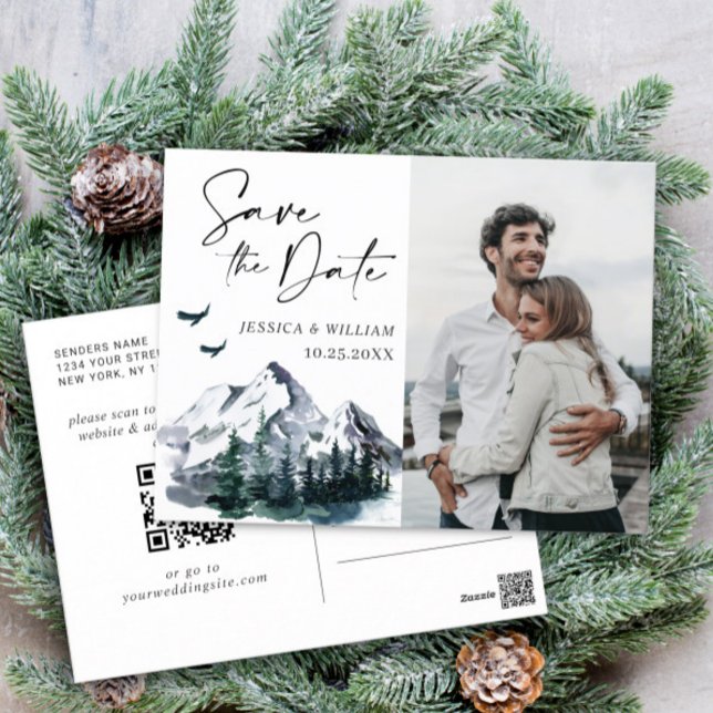 Watercolor Mountains PHOTO Wedding Save the Date Postcard (Creator Uploaded)