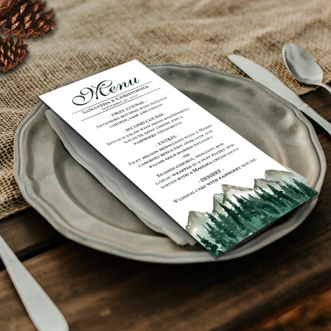 Watercolor Mountains & Pine Elegant Rustic Wedding Menu (On Plate)