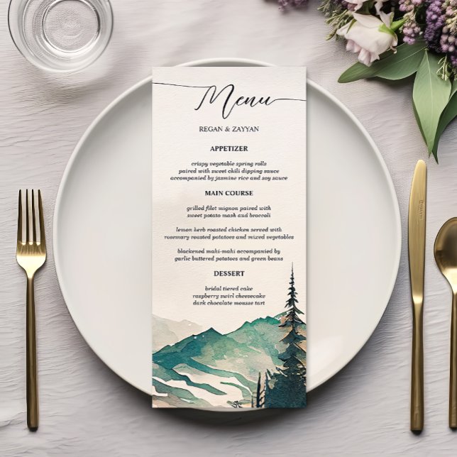 Watercolor Mountains Pine Forest Wedding Menu (Creator Uploaded)