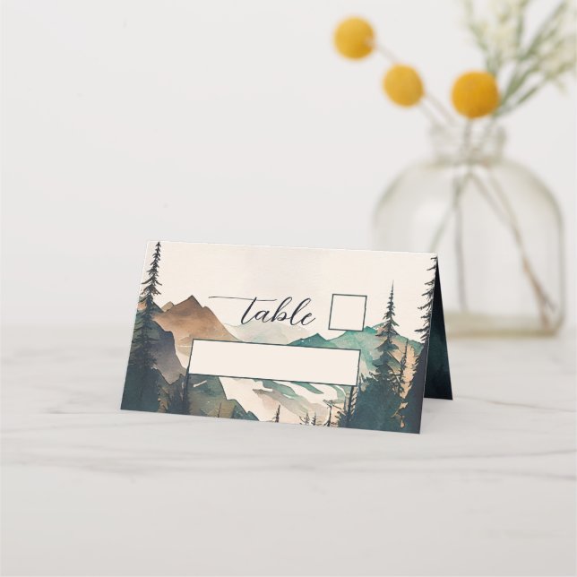 Watercolor Mountains Pine Forest Wedding  Place Card (Front)