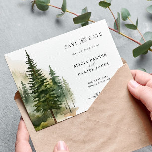 Watercolor mountains pine tree forest wedding save the date