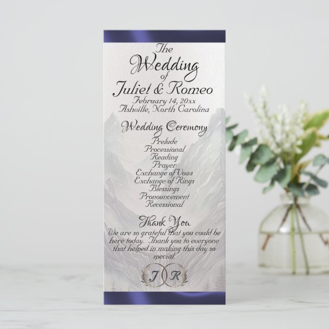 Watercolor Mountains & Ribbon Wedding Program (Standing Front)