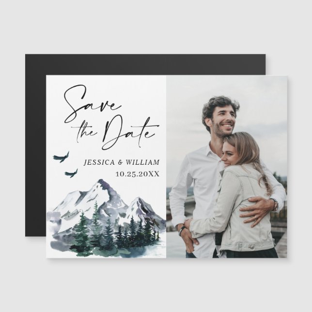 Watercolor Mountains Save the Date Magnetic Card (Front/Back)