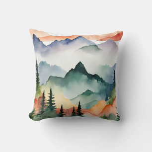 Watercolor Mountains Trees Fall Autumn Cushion