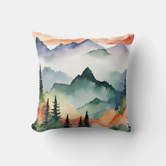 Watercolor Mountains Trees Fall Autumn Cushion (Front)