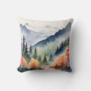Watercolor Mountains Trees Fall Autumn Nature Cushion