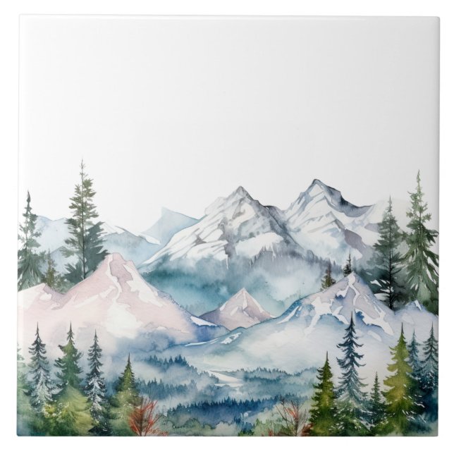 Watercolor Mountains Winter Ceramic Tile (Front)