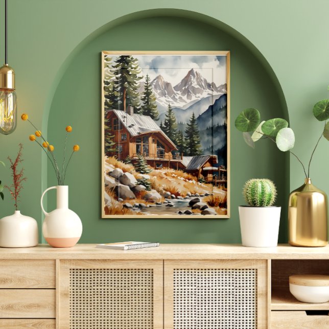 Watercolor mountains with a wooden house poster (Creator Uploaded)