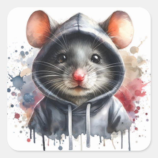 Watercolor Mouse in Grey Hoodie Splash Art  Square Sticker (Front)