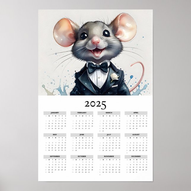 Watercolor Mouse Tuxedo Bow Tie 2025 Wall Calendar Poster (Front)