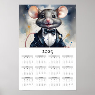 Watercolor Mouse Wearing Tuxedo 2025 Wall Calendar Poster