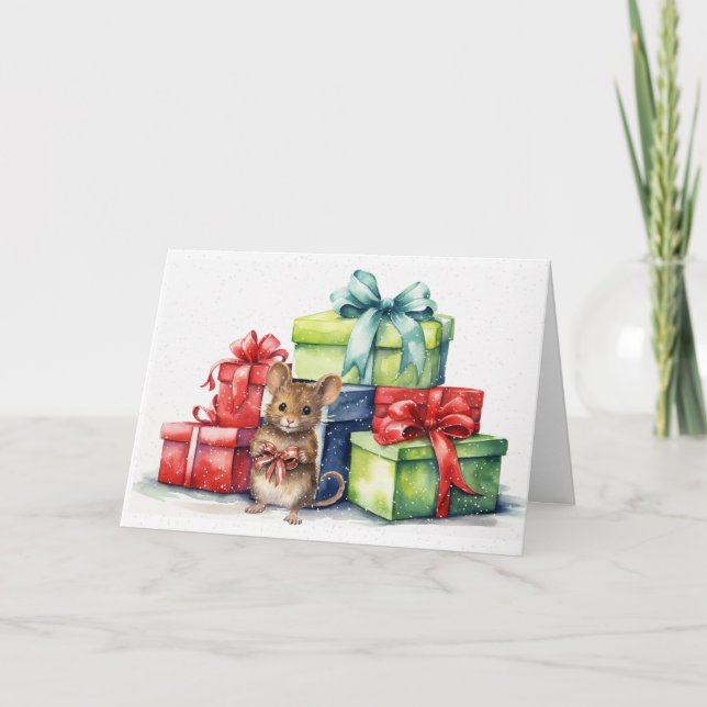 Watercolor Mouse With Christmas Gifts Card (Front)