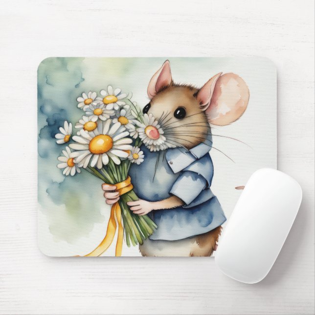 Watercolor Mouse With Daisy Bunch Pad (With Mouse)