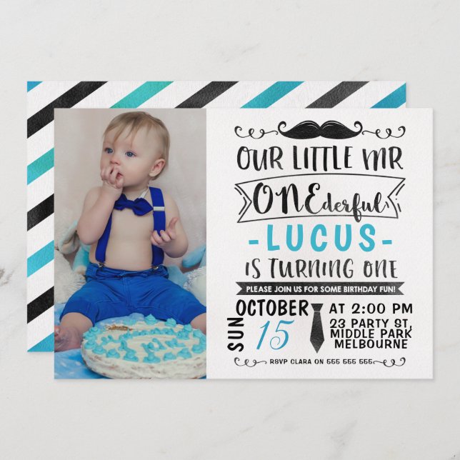 Watercolor Mr ONEderful Birthday Invitation (Front/Back)