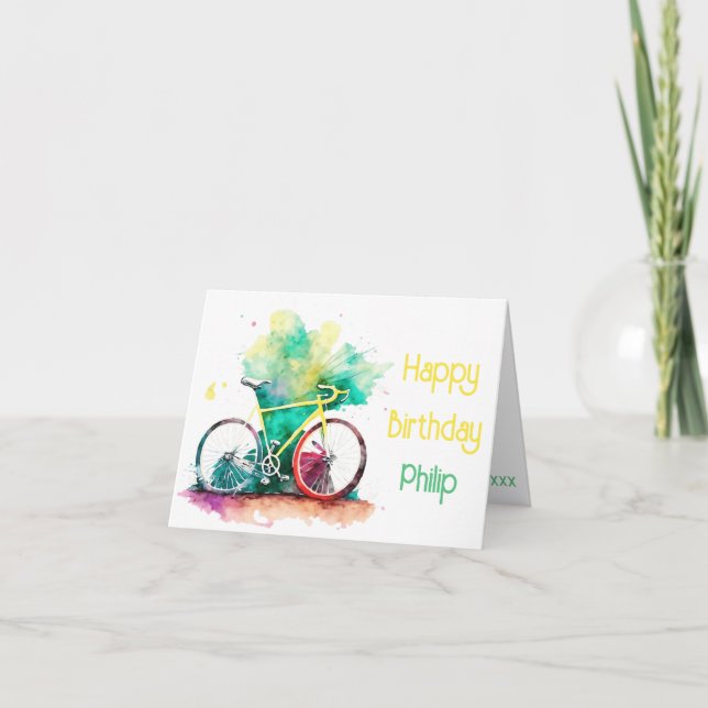 Watercolor MTB, mountainBike cyclist Birthday Card (Front)