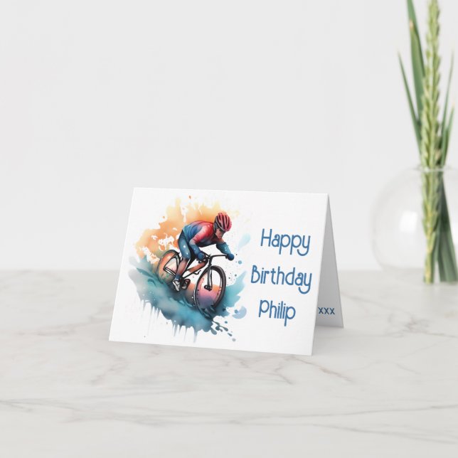 Watercolor MTB Road Bike cyclist Birthday Card (Front)