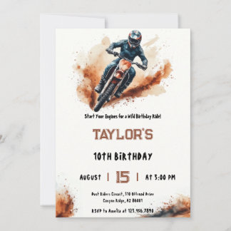 Watercolor Mud Splatter Dirt Bike Rider Birthday Invitation