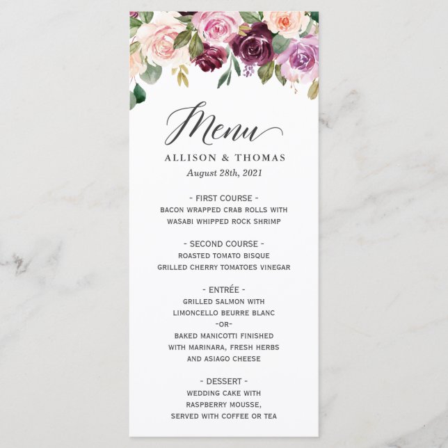Watercolor Mulberry Purple Blush Floral Wedding Menu (Front)