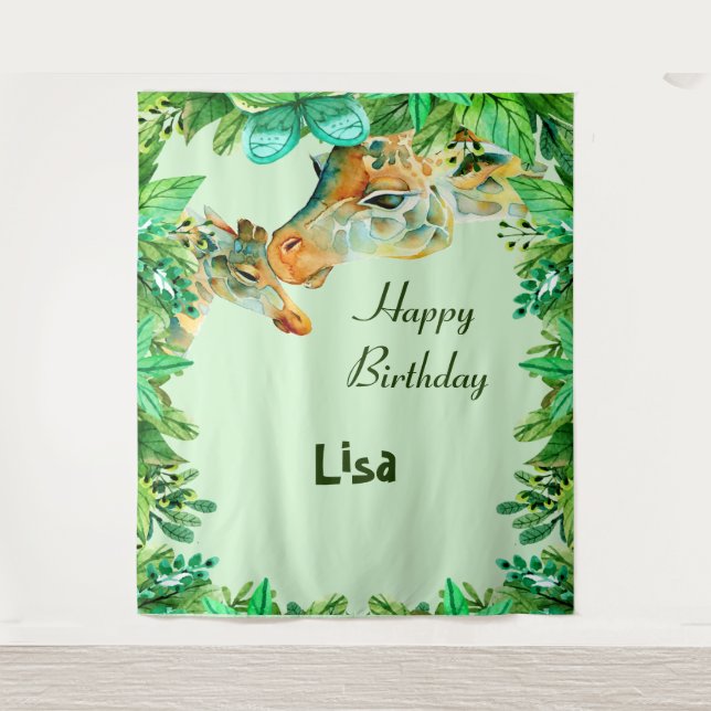 Watercolor Mum And Baby Giraffes Birthday Backdrop Tapestry (Front)